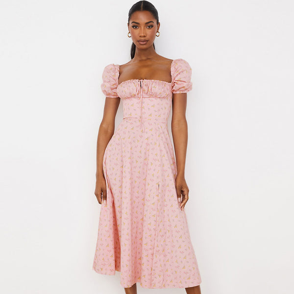 Square Neck Tie Front High Slit Puff Sleeve Midi Floral Dress - Pink