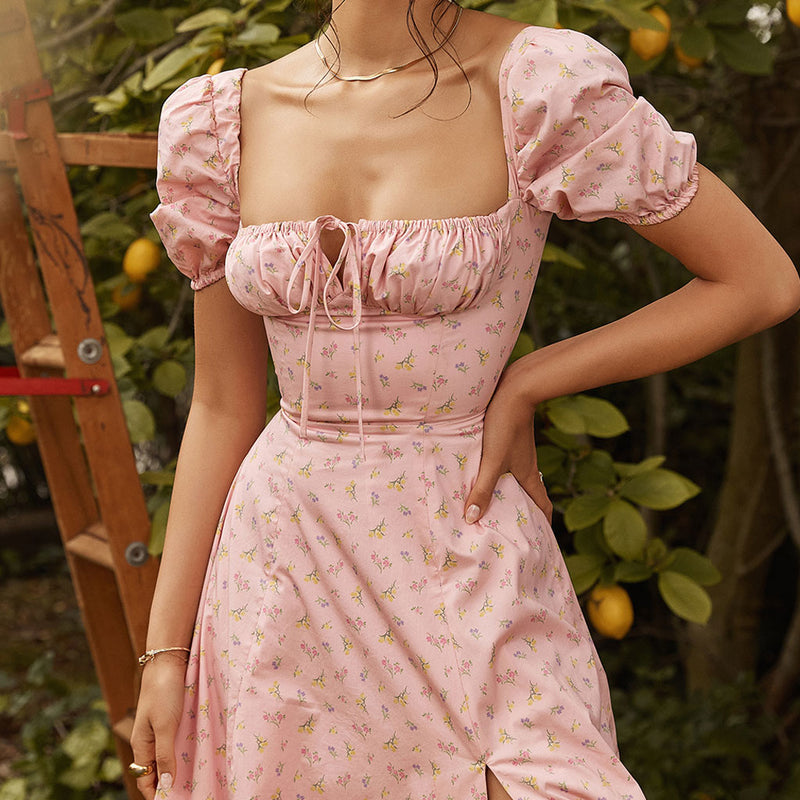 Square Neck Tie Front High Slit Puff Sleeve Midi Floral Dress - Pink