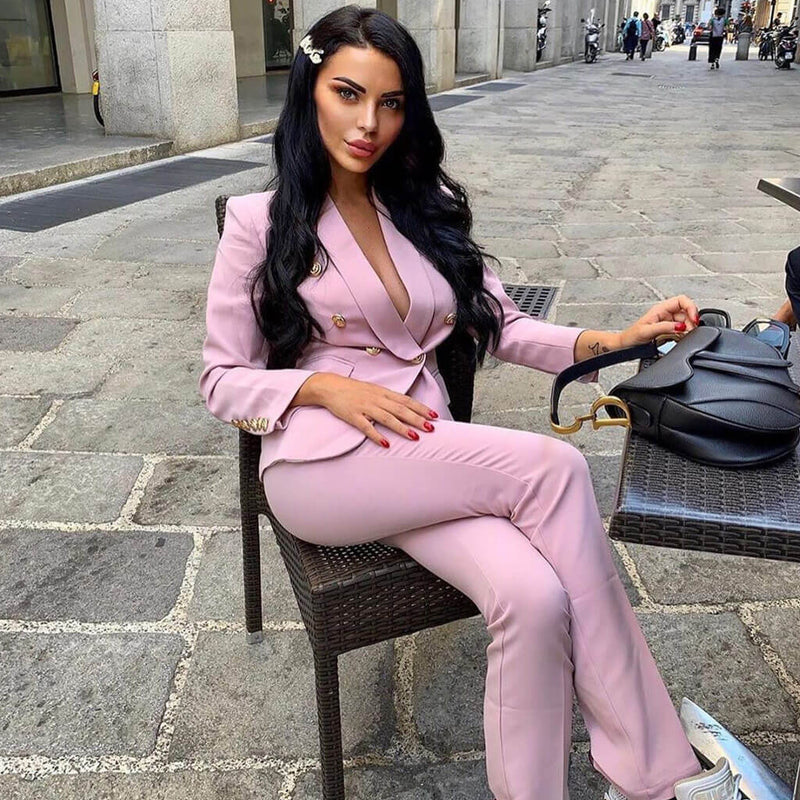 Straight Leg Double Breasted Sleeved Blazer Matching Set - Pink