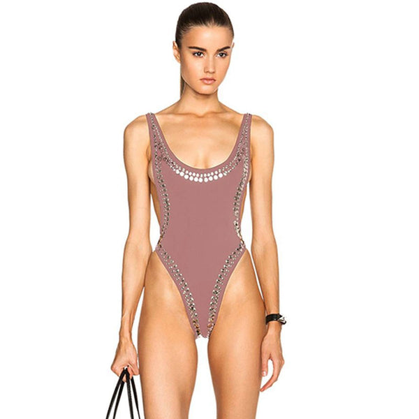 Studded Embellished High Leg Low Back One Piece Swimsuit - Dusty Pink