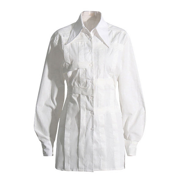 Stylish Braided Detail Pointed Collar Tie Back Button Down Shirt