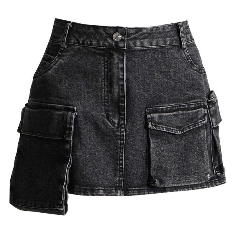 Stylish Button Down Cargo Pocket Micro Mini Denim Skirt Matching Set