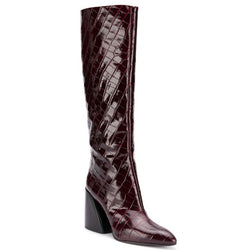 Stylish Crocodile Effect Knee High Geometric Heeled Boots - Brown