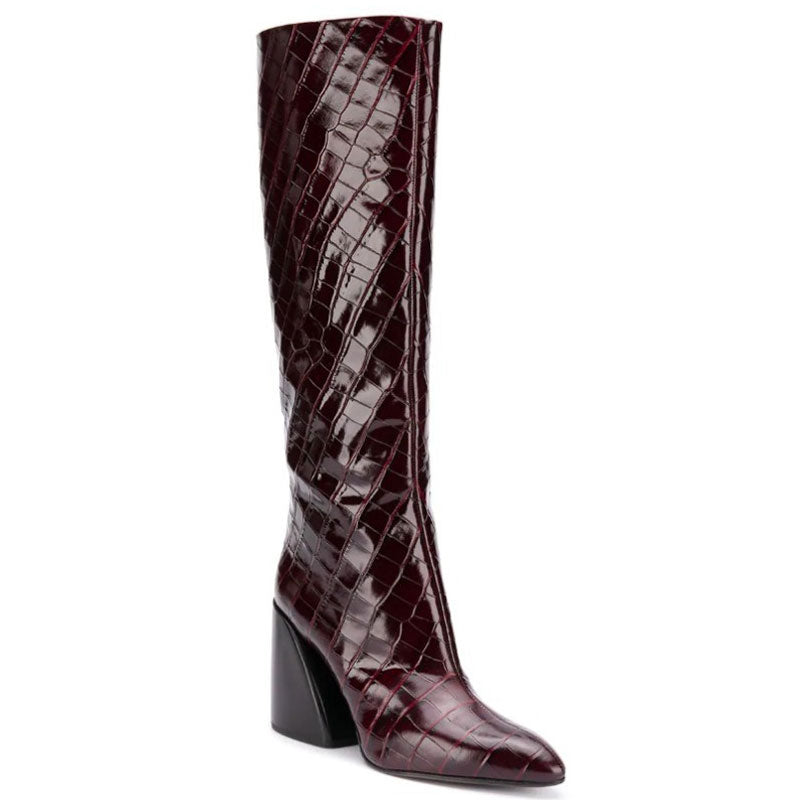 Stylish Crocodile Effect Knee High Geometric Heeled Boots - Brown