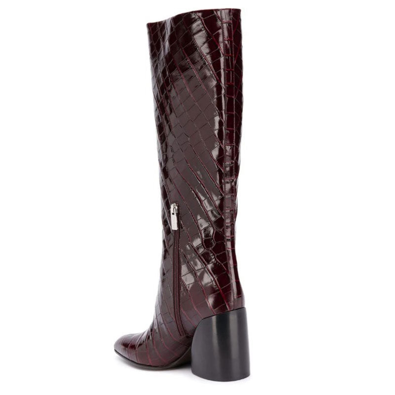 Stylish Crocodile Effect Knee High Geometric Heeled Boots - Brown