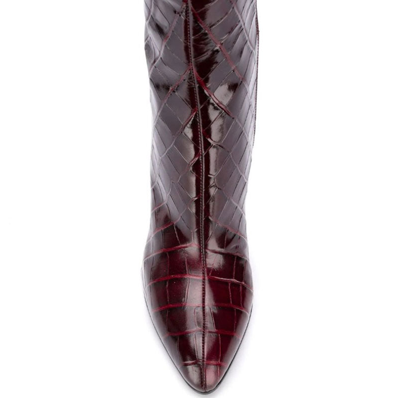 Stylish Crocodile Effect Knee High Geometric Heeled Boots - Brown