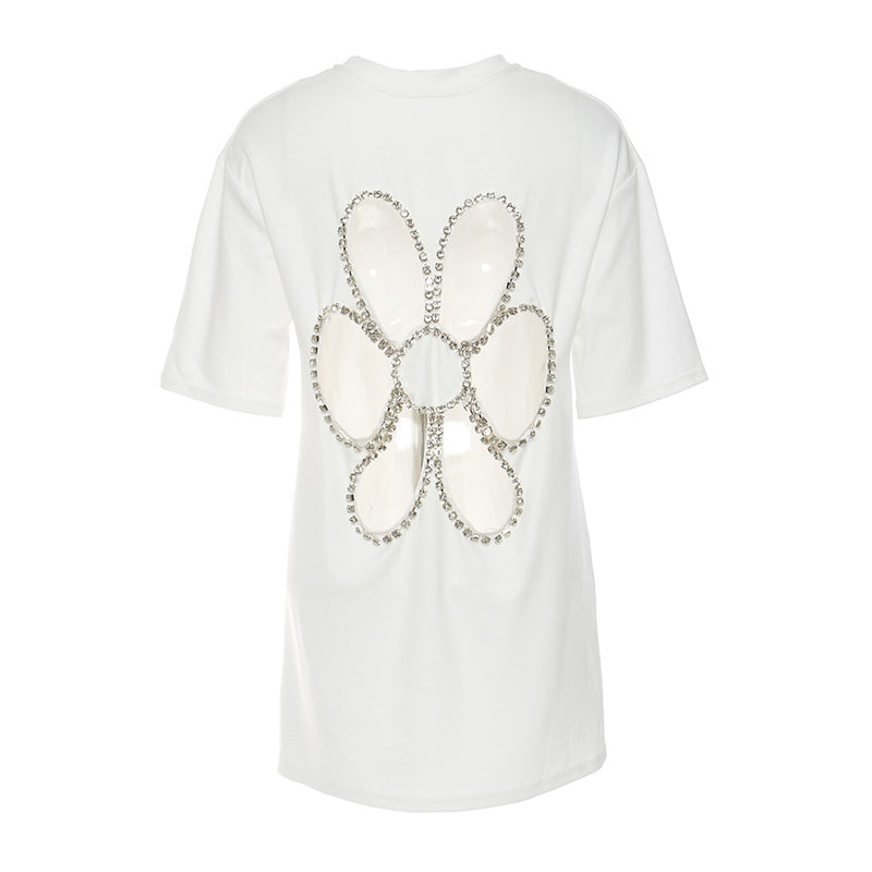 Stylish Crystal Embellished Floral Cutout Short Sleeve Relaxed T Shirt