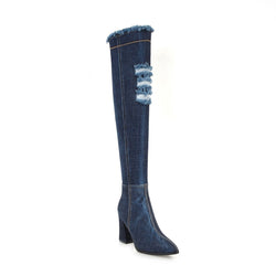 Stylish Distressed Denim Over Knee Pointed Toe Block Heel Boots - Dark Blue