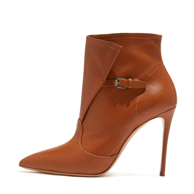 Stylish Folded Buckle Faux Leather Pointed Toe Stiletto Ankle Boots - Brown