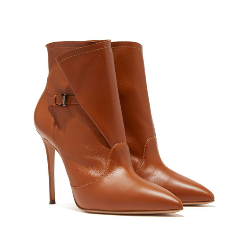 Stylish Folded Buckle Faux Leather Pointed Toe Stiletto Ankle Boots - Brown