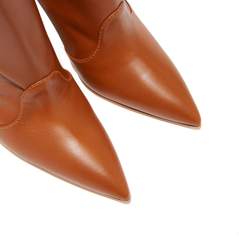 Stylish Folded Buckle Faux Leather Pointed Toe Stiletto Ankle Boots - Brown