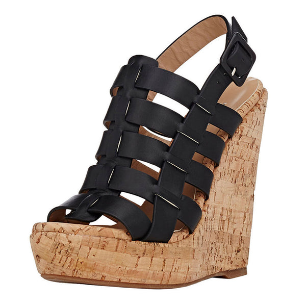 Stylish Open Toe Platform Caged Cork Wedge Sandals - Black