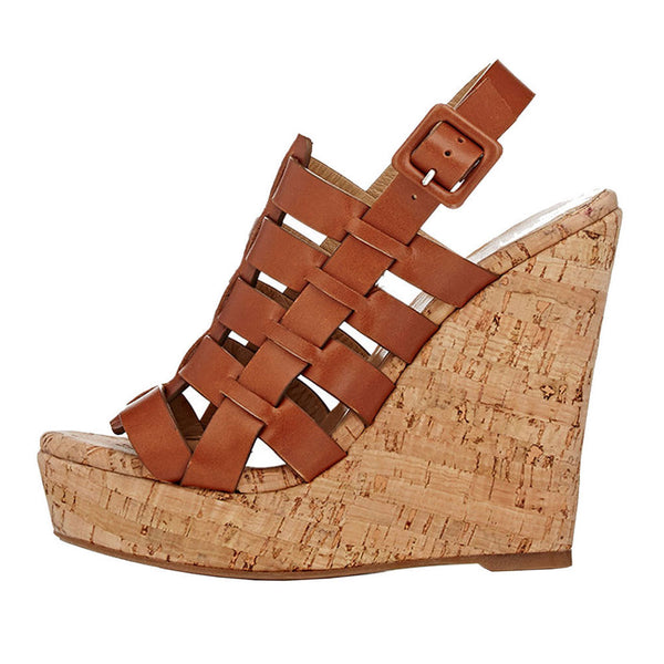 Stylish Open Toe Platform Caged Cork Wedge Sandals - Brown