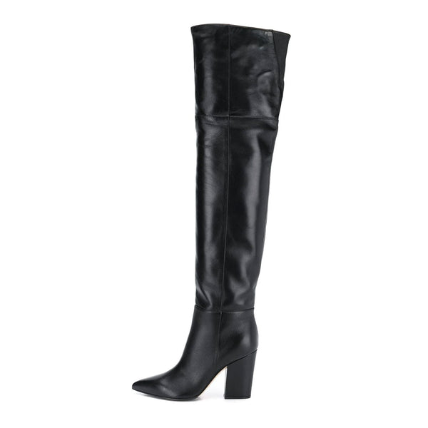 Stylish Pointed Toe Chunky Heeled Faux Leather Over Knee Boots - Black