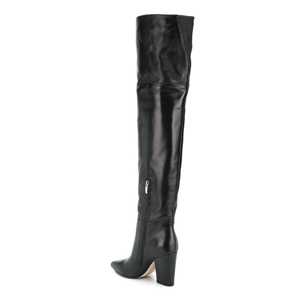 Stylish Pointed Toe Chunky Heeled Faux Leather Over Knee Boots - Black