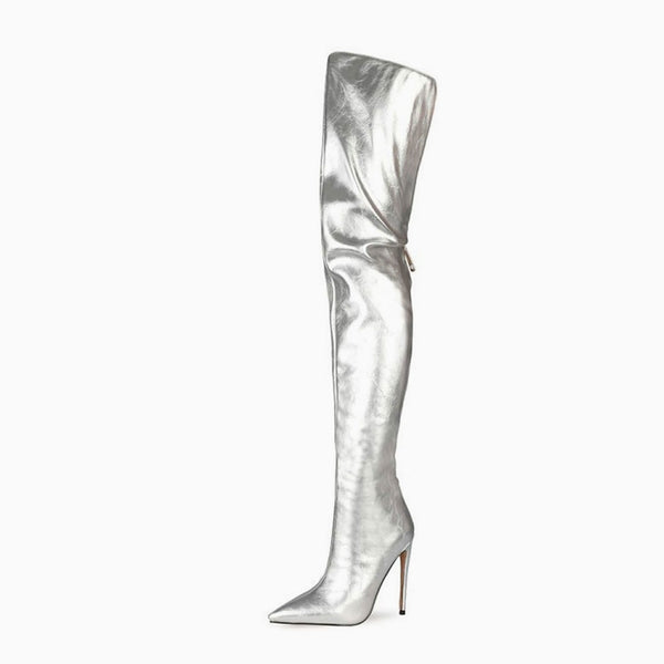 Stylish Pointed Toe Faux Leather Over Knee Stiletto Boots - Silver