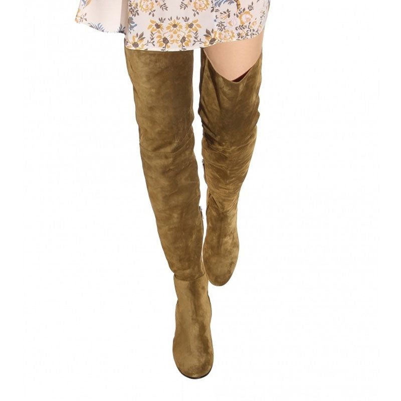 Stylish Round Toe Low Block Heeled Suede Over Knee Boots - Khaki