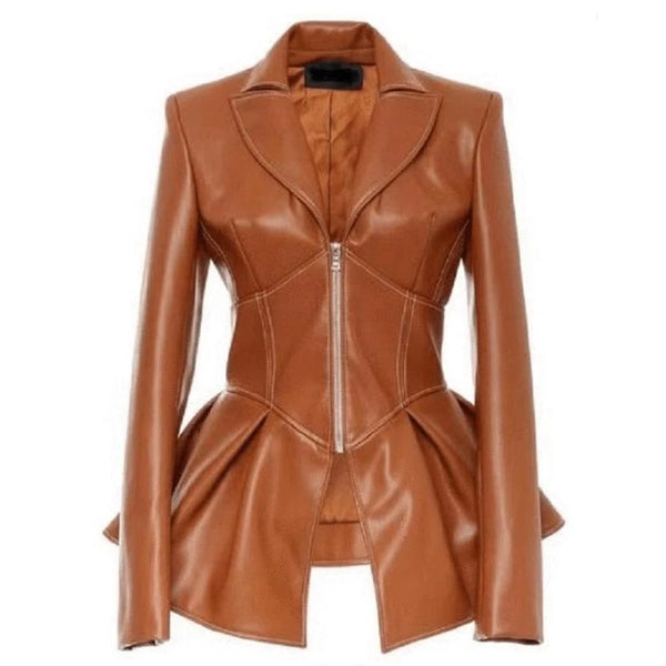 Stylish Ruffle Deep V Zip Front Lapel Leather Jacket - Coffee