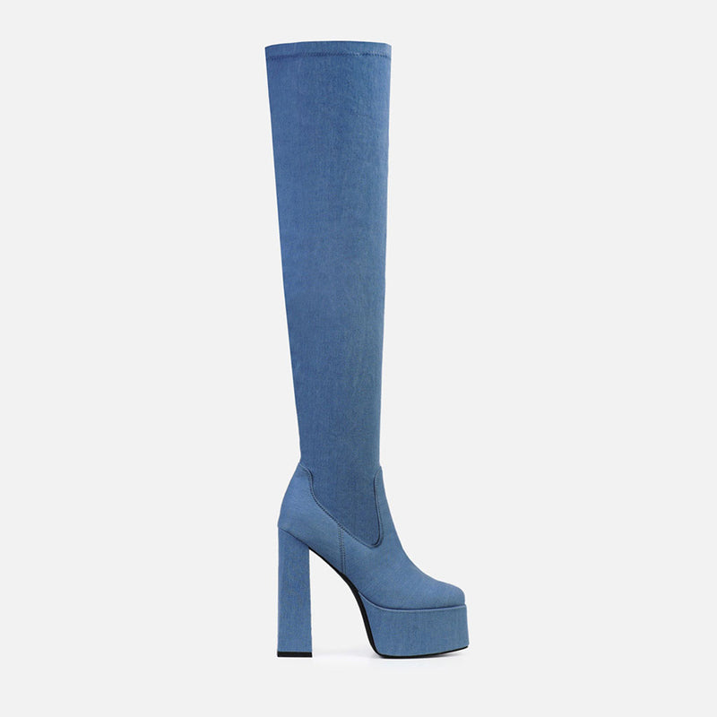 Stylish Square Toe Over Knee Platform Chunky Heeled Boots - Denim Blue