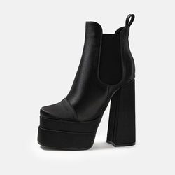 Stylish Square Toe Platform Chunky Heel Satin Ankle Boots - Black