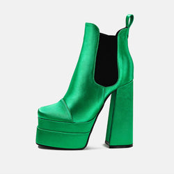 Stylish Square Toe Platform Chunky Heel Satin Ankle Boots - Green