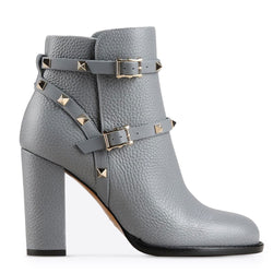 Stylish Strappy Studded Buckle Detail Chunky Heel Ankle Boots - Grey