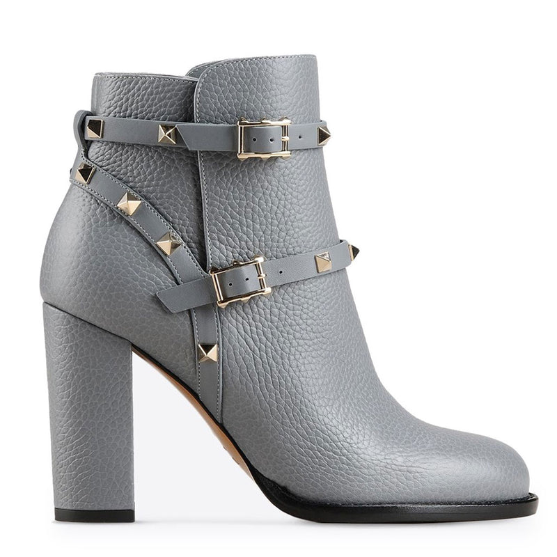 Stylish Strappy Studded Buckle Detail Chunky Heel Ankle Boots - Grey