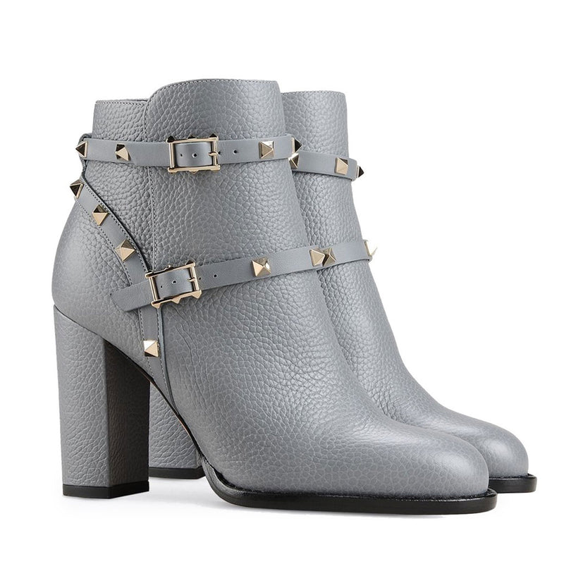 Stylish Strappy Studded Buckle Detail Chunky Heel Ankle Boots - Grey