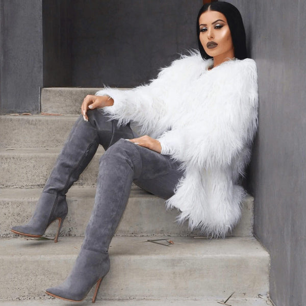 Stylish Suede Pointed Toe Over-knee Stiletto Boots - Gray