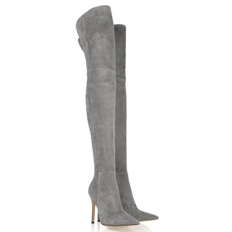 Stylish Suede Pointed Toe Over-knee Stiletto Boots - Gray