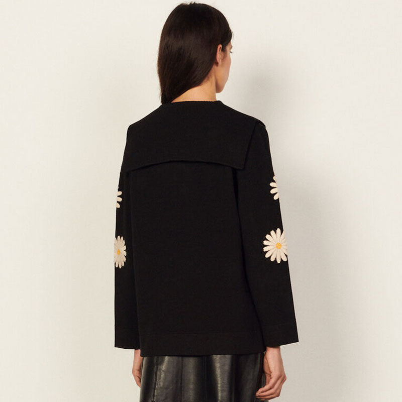 Sweet Daisy Embroidered Oversized Collar Pullover Sweater - Black