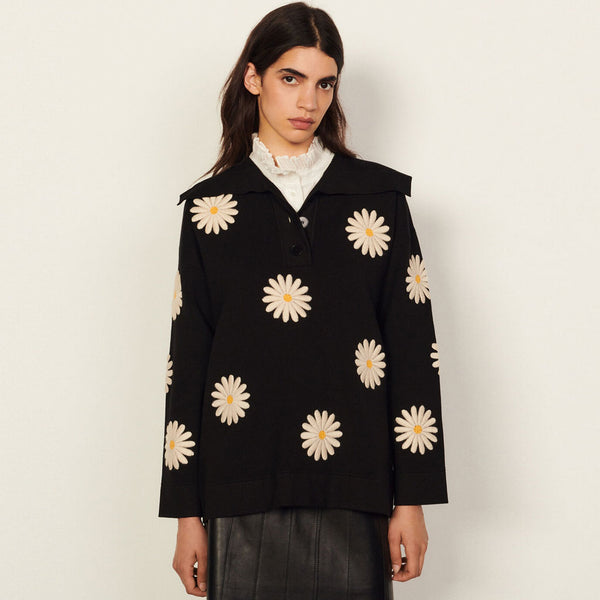 Sweet Daisy Embroidered Oversized Collar Pullover Sweater - Black