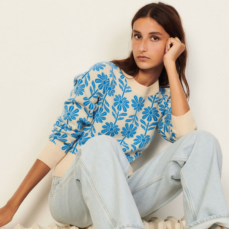 Sweet Daisy Long Sleeve Cashmere Blend Pullover Sweater - Blue