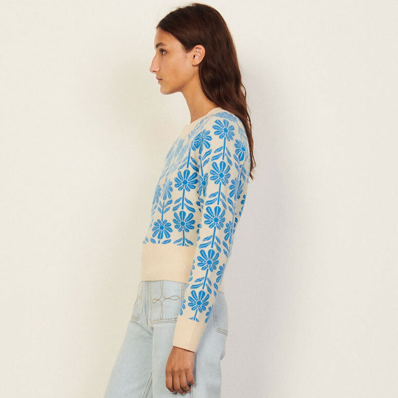 Sweet Daisy Long Sleeve Cashmere Blend Pullover Sweater - Blue