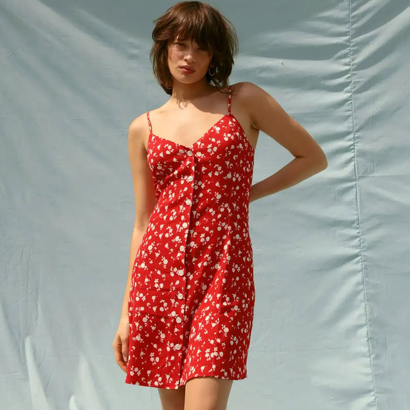 Wrap Front Mini Dress In Red Floral Print