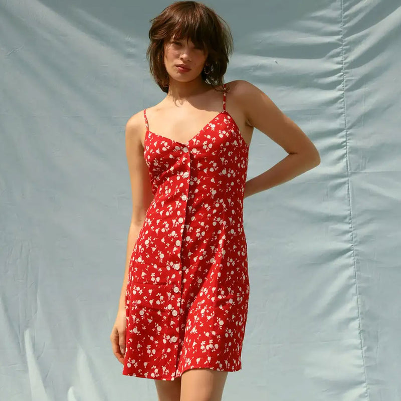 Sweet Floral Print V Neck Button Front Cami Mini Dress - Red