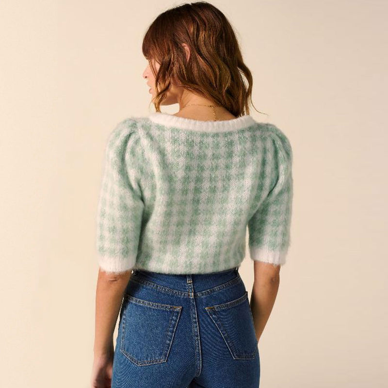 Sweet Plaid Print Puff Sleeve Cropped Sweater Cardigan - Green