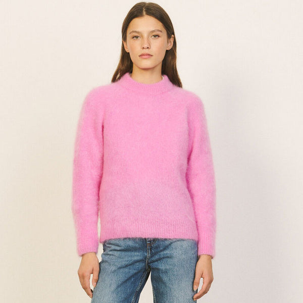 Sweet Round Neck Long Sleeve Mohair Knit Pullover Sweater - Hot Pink
