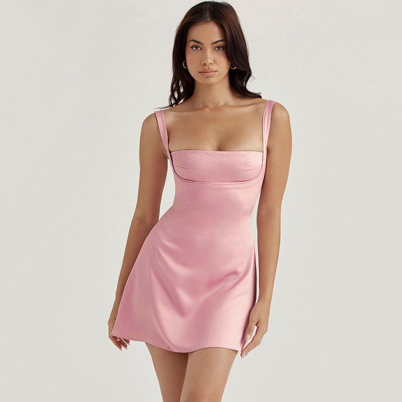 Sweet Square Neck Suspender Strap Satin Mini Dress - Pink