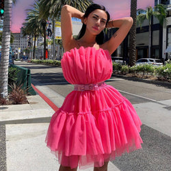 Sweet Strapless Ruffle Bowknot Front Tulle Bandeau Mini Dress - Rose