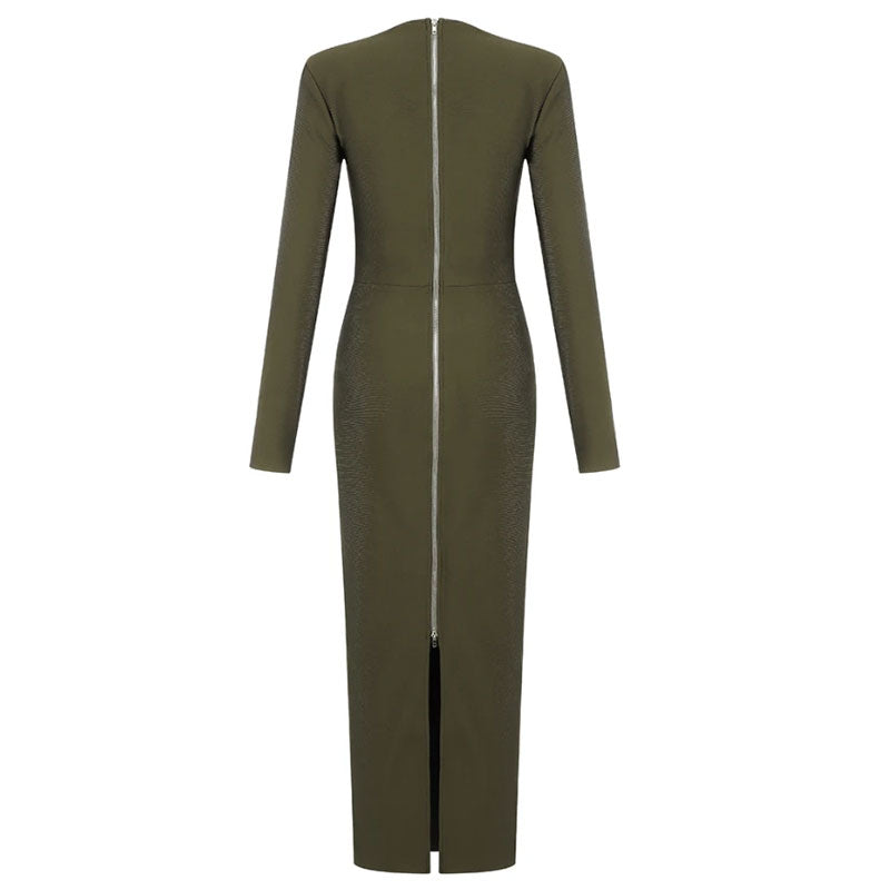 Sweetheart Neck Long Sleeve Bustier Bandage Midi Dress - Army Green