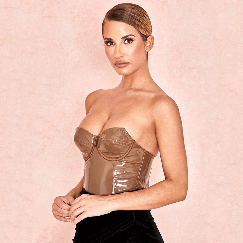 Sweetheart Strapless Push Up Leather Bodysuit - Coffee – Luxedress