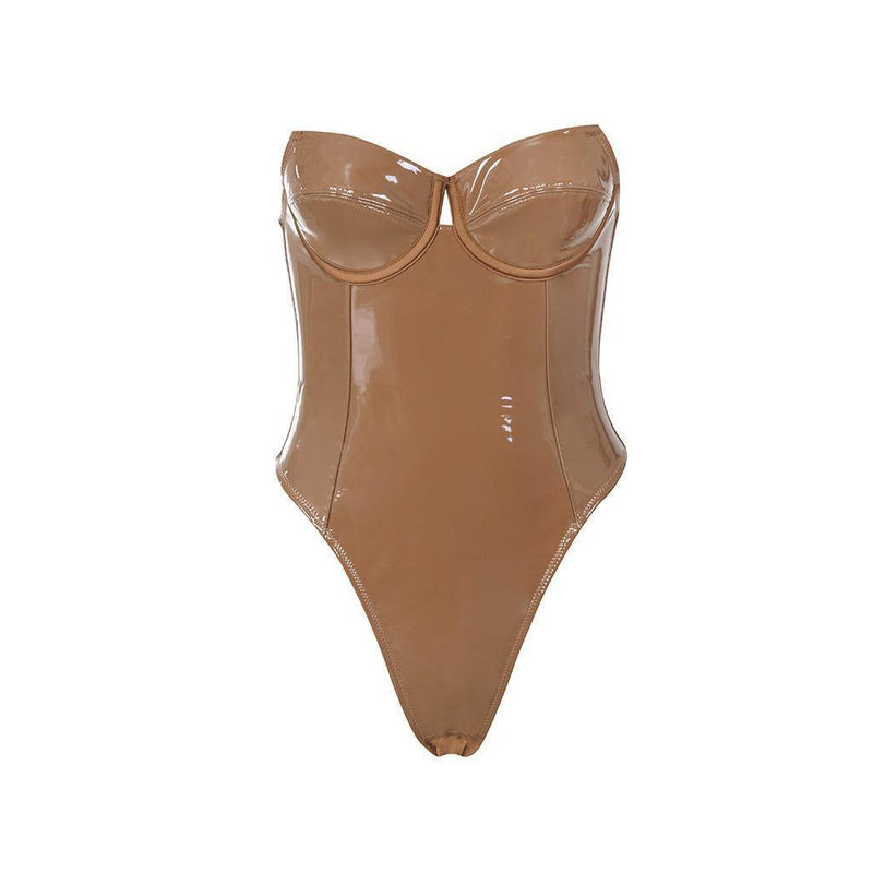 Sweetheart Strapless Push Up Leather Bodysuit - Coffee
