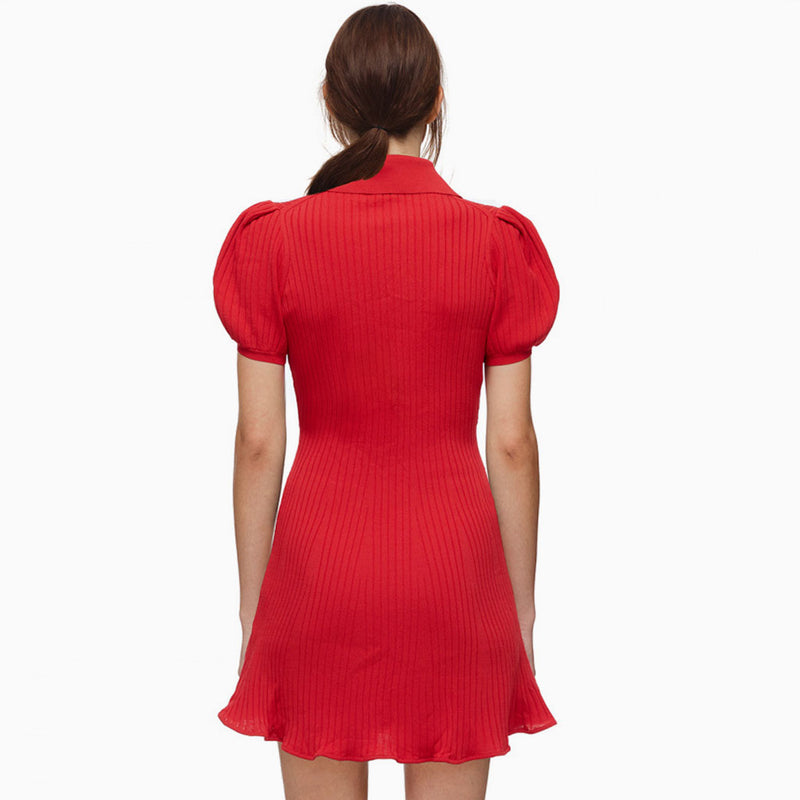 Swingy Collared Puff Sleeve A-Line Rib Knit Sweater Mini Dress - Red