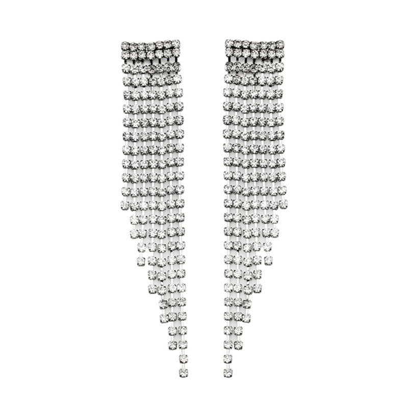 Swingy Rhinestone Embellished Long Tassel Dangle Earrings - Silver