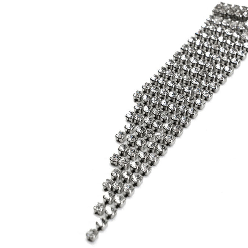 Swingy Rhinestone Embellished Long Tassel Dangle Earrings - Silver