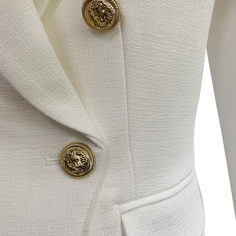 Textured Gold Button Detail Peak Lapel Double Breasted Tailored Linen Blazer