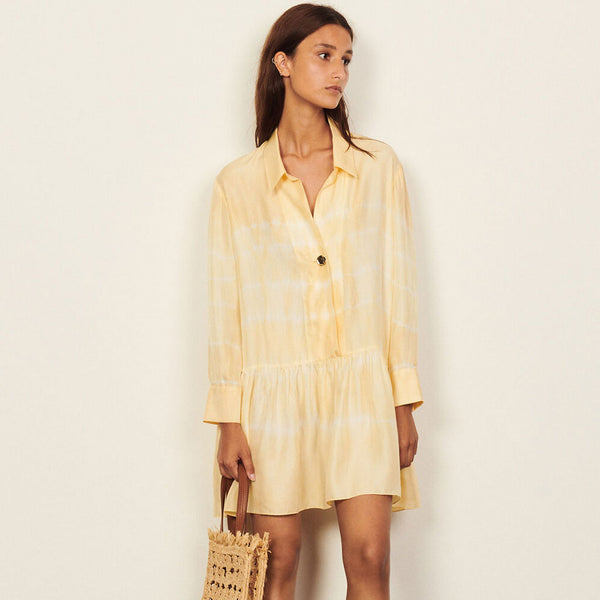 Tie Dye Long Sleeve Babydoll Lounge Mini Shirt Dress - Yellow