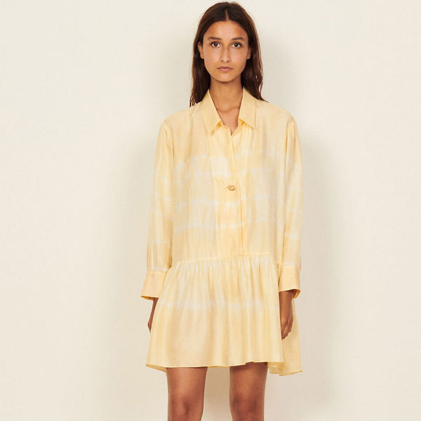 Tie Dye Long Sleeve Babydoll Lounge Mini Shirt Dress - Yellow