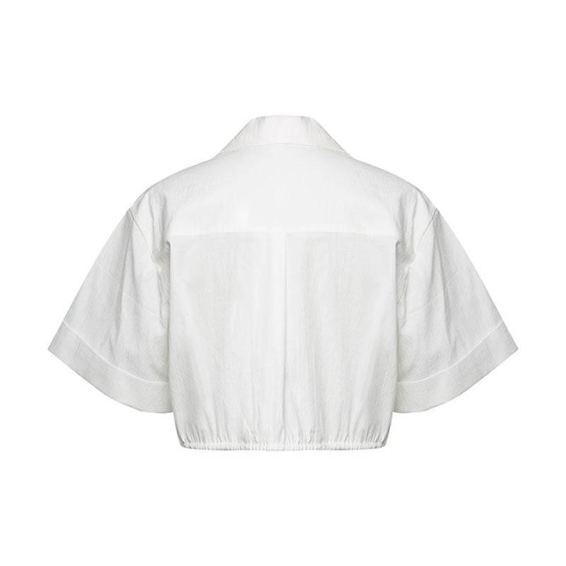Tie Front Button Down Short Sleeve Cropped Blouse - White